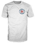 Front view of the Brooklyn Dragon Neighborhood Map Logo white t-shirt with a navy circle badge on the left chest and a red dragon shaped like a Brooklyn neighborhood map
