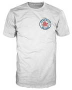 Front view of the Brooklyn Dragon Neighborhood Map Logo white t-shirt with a navy circle badge on the left chest and a red dragon shaped like a Brooklyn neighborhood map