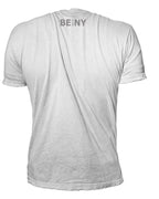 Back view of the Brooklyn Dragon white t-shirt with a gray BE Part of NY logo centered below the collar