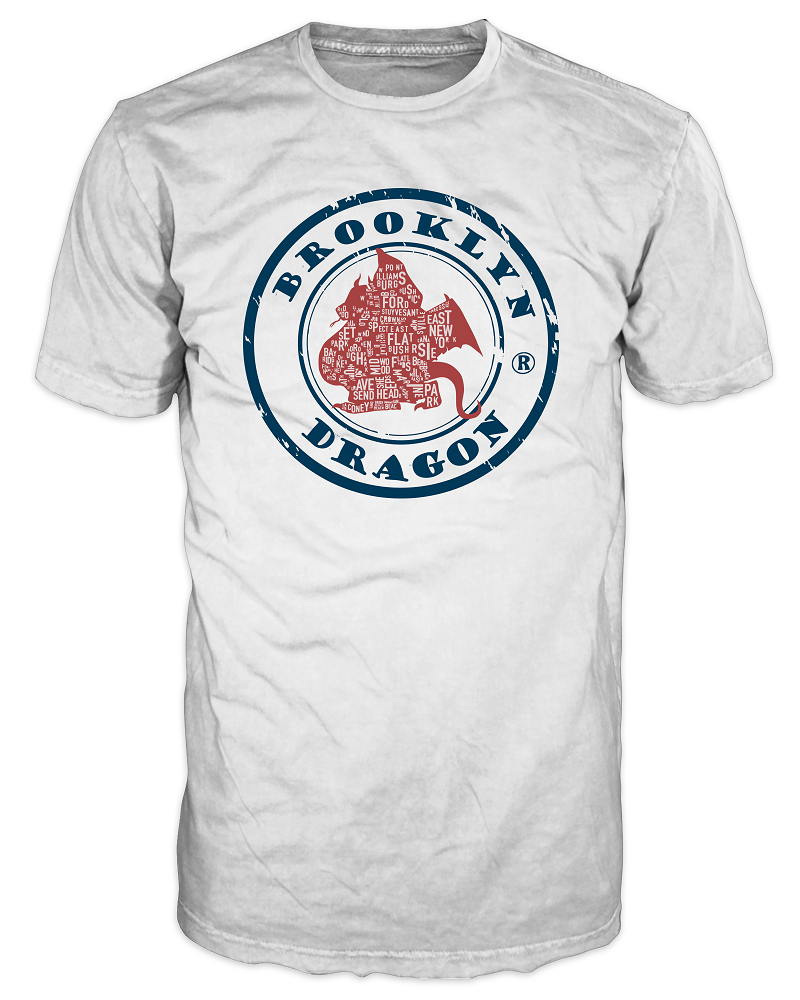 Front view: Brooklyn Dragon white t-shirt with a large navy circle logo across the front and a red dragon shaped like a Brooklyn neighborhood map