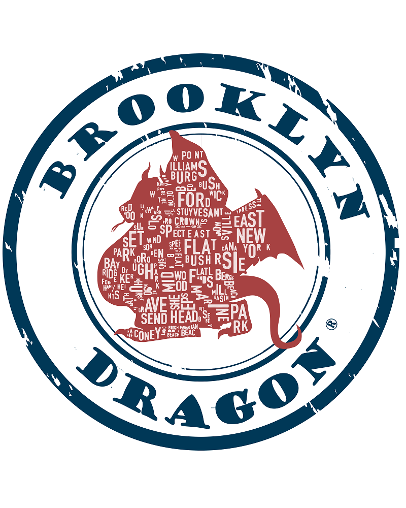 Close-up of the Brooklyn Dragon circle logo: a red dragon shaped like a Brooklyn neighborhood map inside a navy ring with BROOKLYN DRAGON lettering