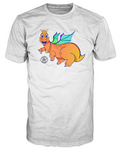 Front view: Brooklyn Dragon Bling white t-shirt with a cute orange and yellow cartoon dragon with teal wings wearing a gold chain and holding gold hoop rings