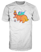 Front view: Brooklyn Dragon Bling white t-shirt with a cute orange and yellow cartoon dragon with teal wings wearing a gold chain and holding gold hoop rings