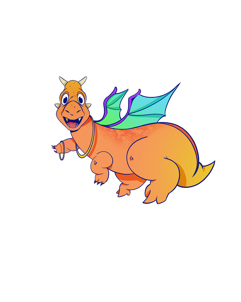 Close-up of the Bling dragon art: a smiling orange and yellow cartoon dragon with purple-edged teal wings, gold chain, gold hoop rings, and a small Brooklyn Dragon circle logo