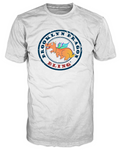Front view: white Brooklyn Dragon t-shirt with a large navy circle stamp reading BROOKLYN DRAGON and BLING around a smiling orange cartoon dragon wearing a gold chain