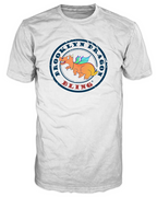 Front view: white Brooklyn Dragon t-shirt with a large navy circle stamp reading BROOKLYN DRAGON and BLING around a smiling orange cartoon dragon wearing a gold chain