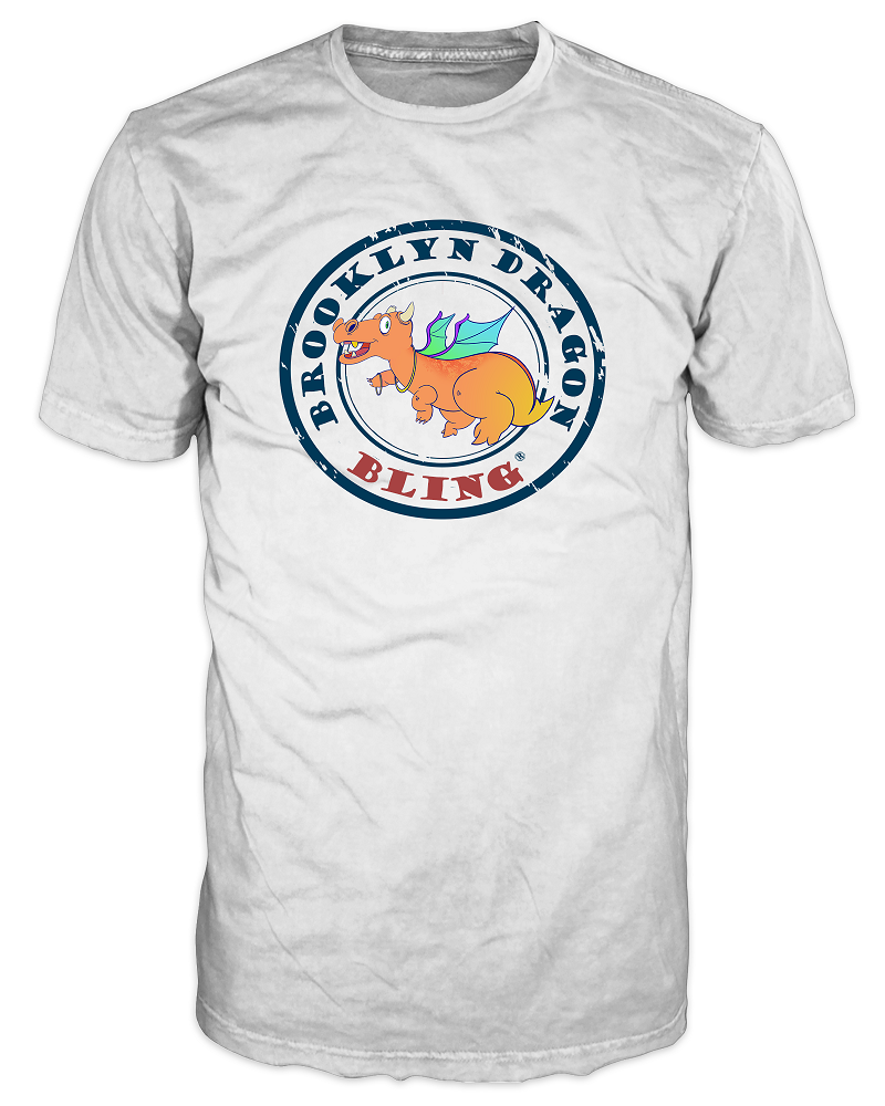 Front view: white Brooklyn Dragon t-shirt with a large navy circle stamp reading BROOKLYN DRAGON and BLING around a smiling orange cartoon dragon wearing a gold chain