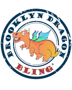 Close-up of the Brooklyn Dragon Bling stamp: navy distressed ring with BROOKLYN DRAGON on top and BLING in red, around an orange and yellow dragon with teal wings, gold chain, and gold hoop rings