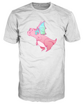 Front view of the Brooklyn Dragon Diva white t-shirt with a large cute pink cartoon dragon with aqua and mint speckled wings, big eyelashes, and a confident smile