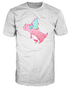 Front view of the Brooklyn Dragon Diva white t-shirt with a large cute pink cartoon dragon with aqua and mint speckled wings, big eyelashes, and a confident smile