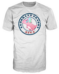Front view of a white Brooklyn Dragon Diva t-shirt with a pink cartoon dragon inside a large distressed navy circle stamp reading BROOKLYN DRAGON and DIVA in red
