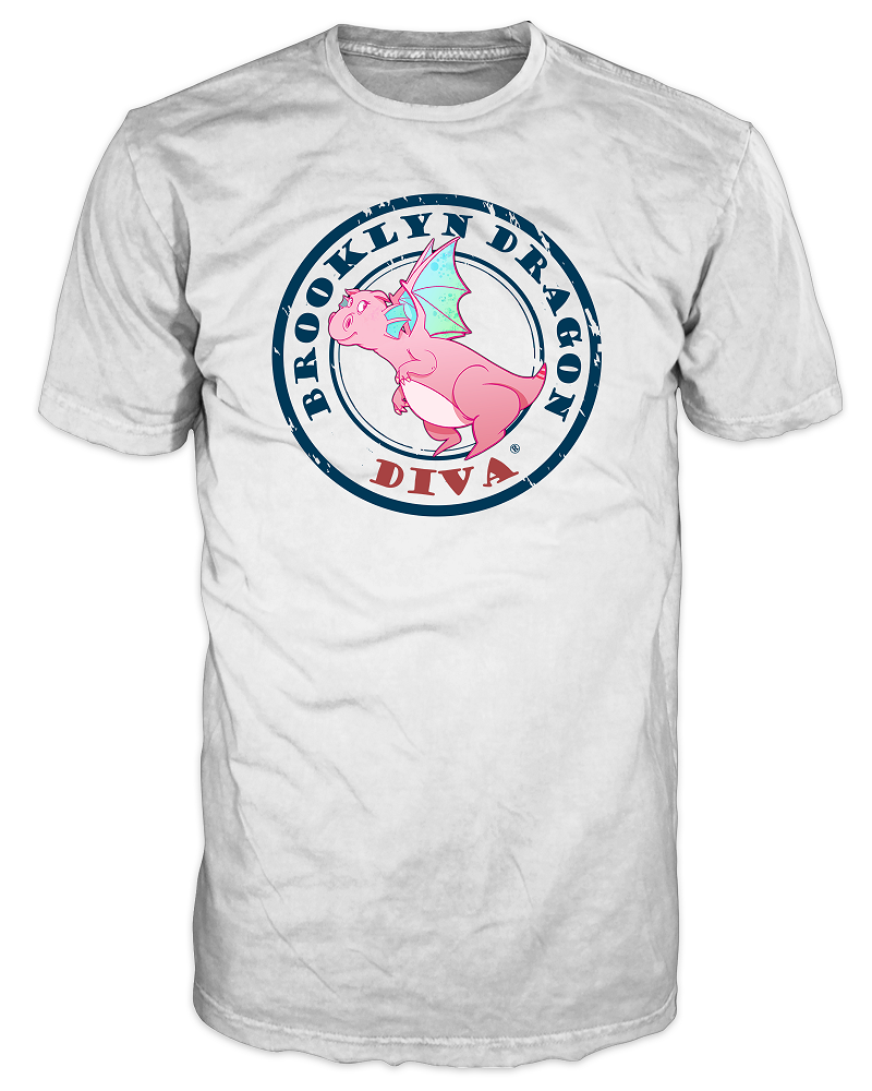 Front view of a white Brooklyn Dragon Diva t-shirt with a pink cartoon dragon inside a large distressed navy circle stamp reading BROOKLYN DRAGON and DIVA in red
