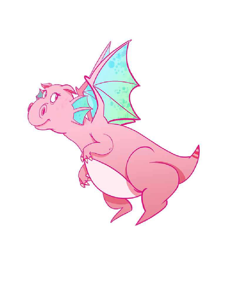 Close-up of Diva the pink cartoon dragon with a white belly, magenta-outlined aqua wings, eyelashed eyes, and a striped tail tip
