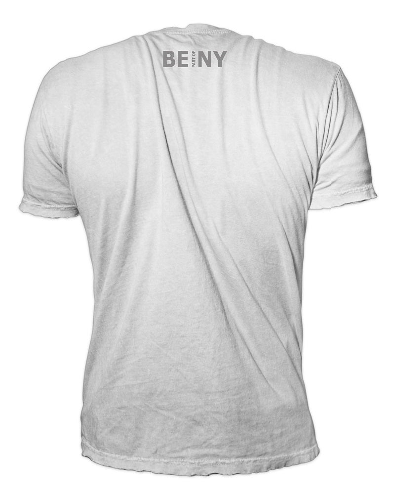 Back view of the white Brooklyn Dragon Don Juan t-shirt with a gray BE Part of NY logo across the upper back
