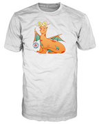Front view of a white Brooklyn Dragon Don Juan t-shirt with a smiling orange cartoon dragon with curly horns and teal wings beside a small Brooklyn Dragon stamp