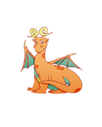 Don Juan, a charming orange cartoon dragon with curly yellow horns, teal wings, a flame-tipped tail and a confident smile