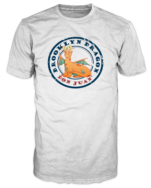 Front of the white Don Juan stamp tee: an orange curly-horned dragon inside a round distressed navy stamp with BROOKLYN DRAGON around the top and DON JUAN in red