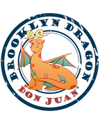 Brooklyn Dragon Don Juan stamp logo: orange dragon with teal wings inside a distressed navy circle, BROOKLYN DRAGON on top and DON JUAN in red below
