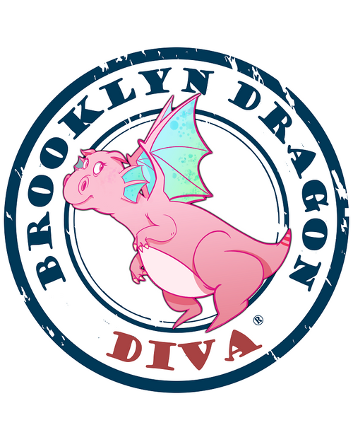 Close-up of the Brooklyn Dragon Diva stamp: a sassy pink dragon with aqua speckled wings inside a distressed navy circle with DIVA in red