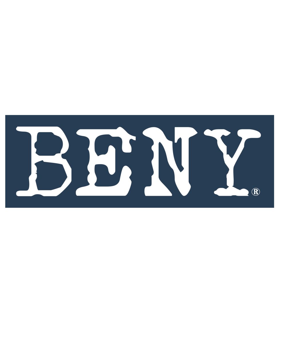 White t-shirt with bold 'BENY' logo on the chest