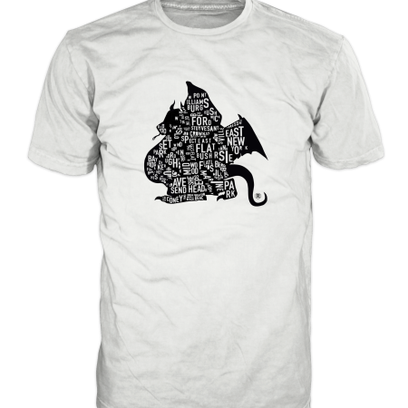 White Brooklyn Dragons T-shirt with small black dragon-shaped Brooklyn map design on the chest