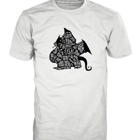 White Brooklyn Dragons T-shirt with small black dragon-shaped Brooklyn map design on the chest