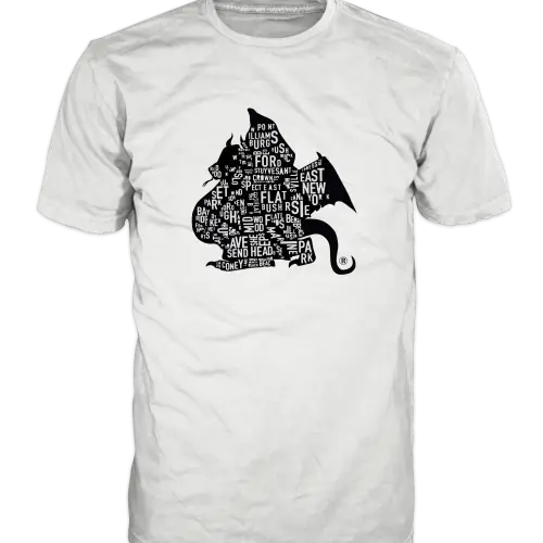 White Brooklyn Dragons T-shirt with small black dragon-shaped Brooklyn map design on the chest