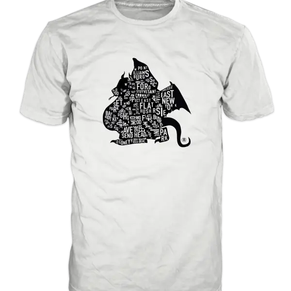 White Brooklyn Dragons T-shirt with small black dragon-shaped Brooklyn map design on the chest