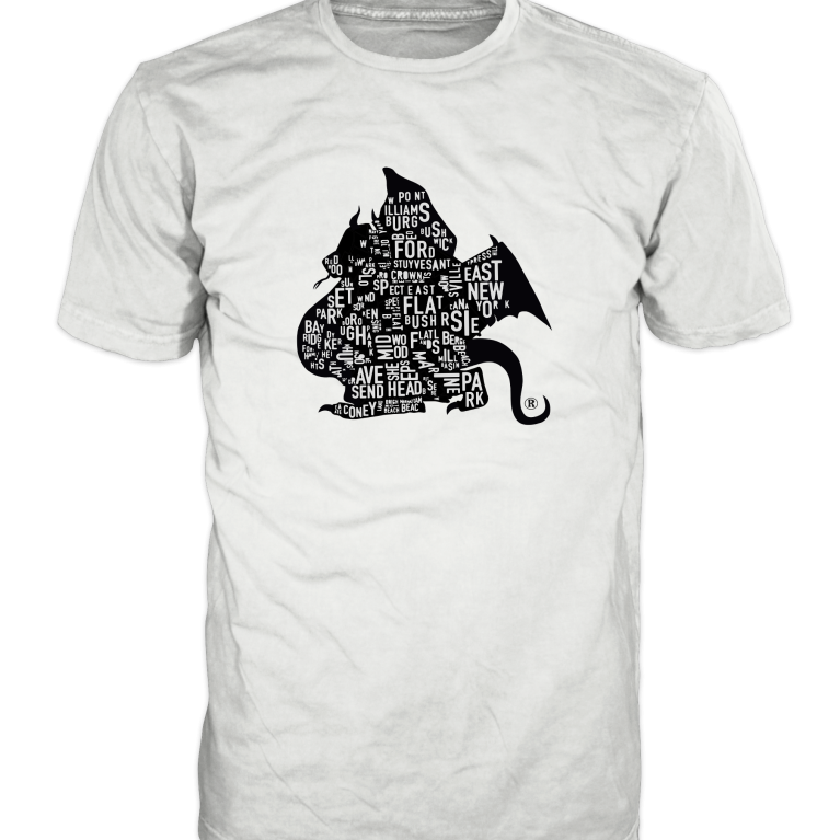 White Brooklyn Dragons T-shirt with small black dragon-shaped Brooklyn map design on the chest
