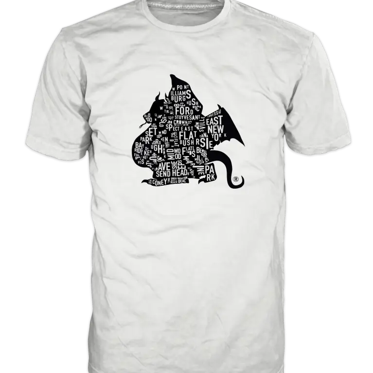 White Brooklyn Dragons T-shirt with small black dragon-shaped Brooklyn map design on the chest
