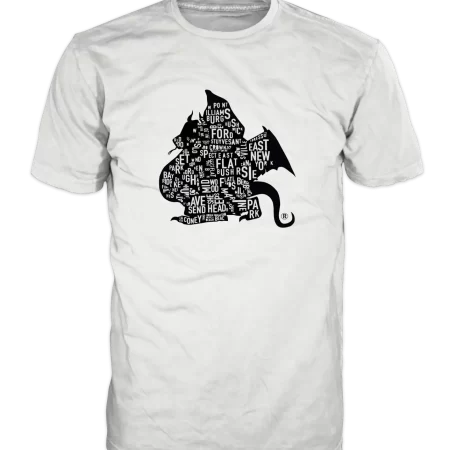 White Brooklyn Dragons T-shirt with small black dragon-shaped Brooklyn map design on the chest