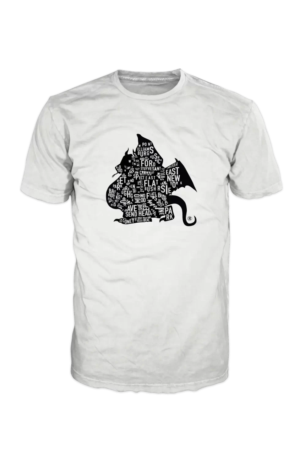 White Brooklyn Dragons T-shirt with small black dragon-shaped Brooklyn map design on the chest