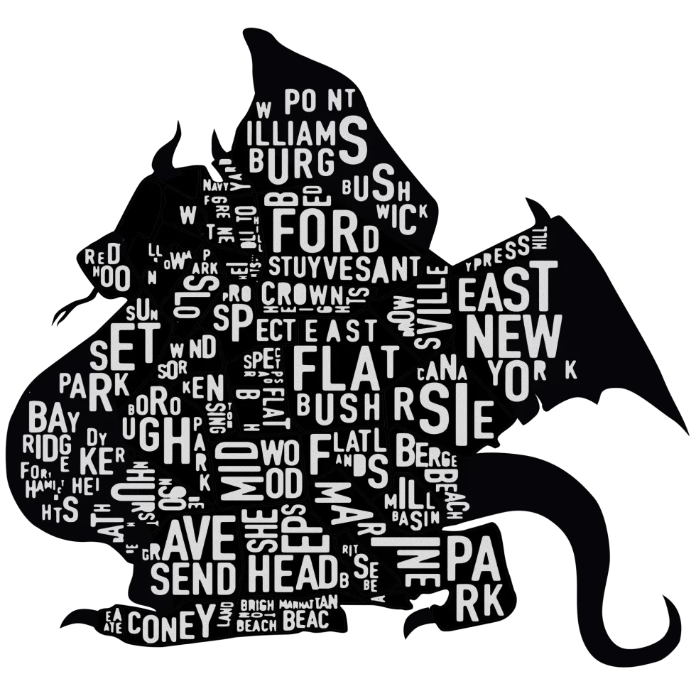 White Brooklyn Dragons T-shirt with small black dragon-shaped Brooklyn map design on the chest