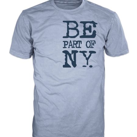 Grey BENY T-shirt with blue logo and “BE part of NY” slogan