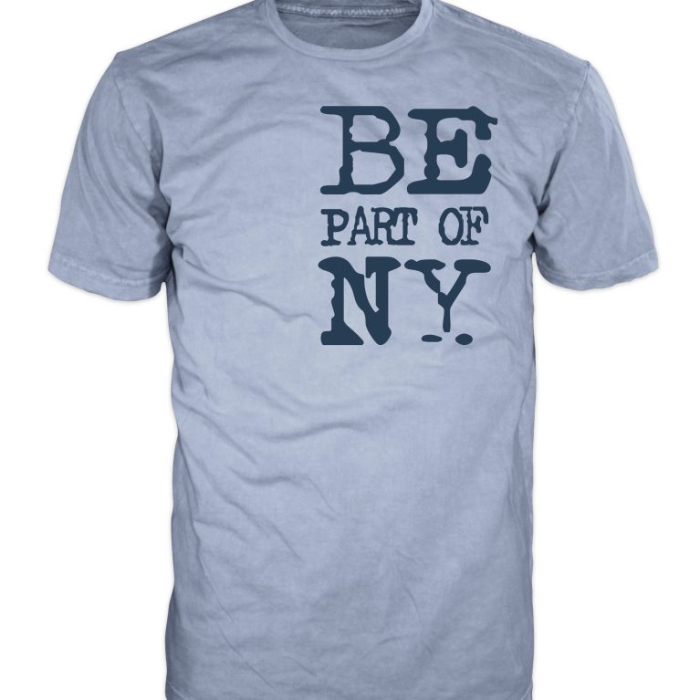 Grey BENY T-shirt with blue logo and “BE part of NY” slogan