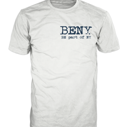 White BENY T-shirt with blue logo and slogan “BENY is not just a logo”