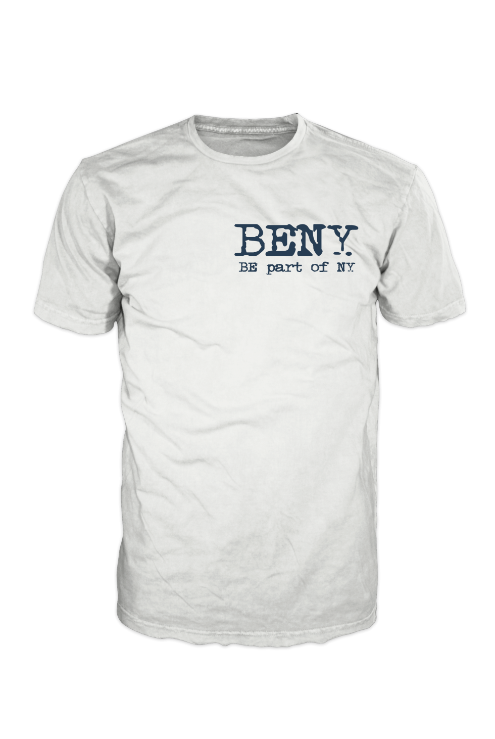White BENY T-shirt with blue logo and slogan “BENY is not just a logo”