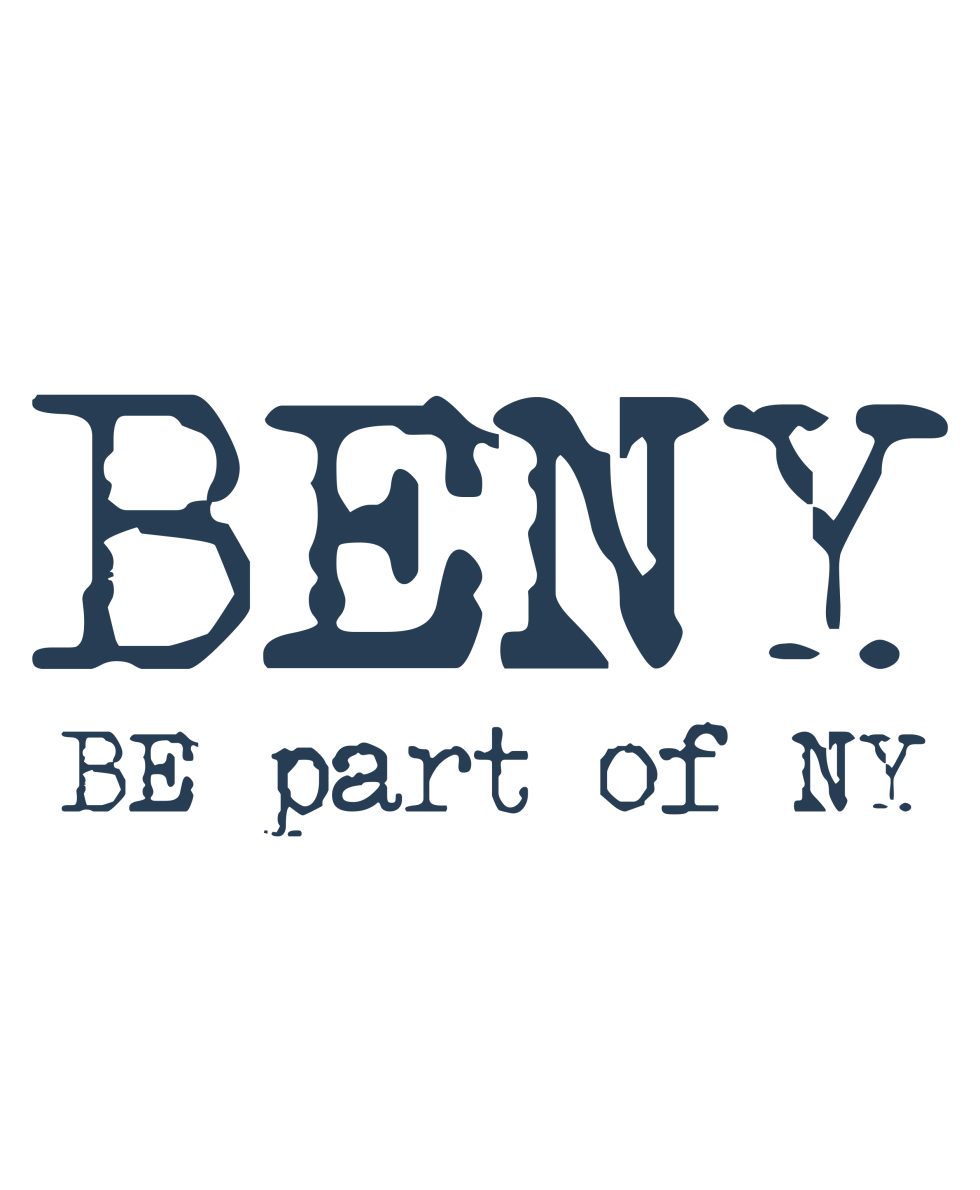 White BENY T-shirt with blue logo and slogan “BENY is not just a logo”