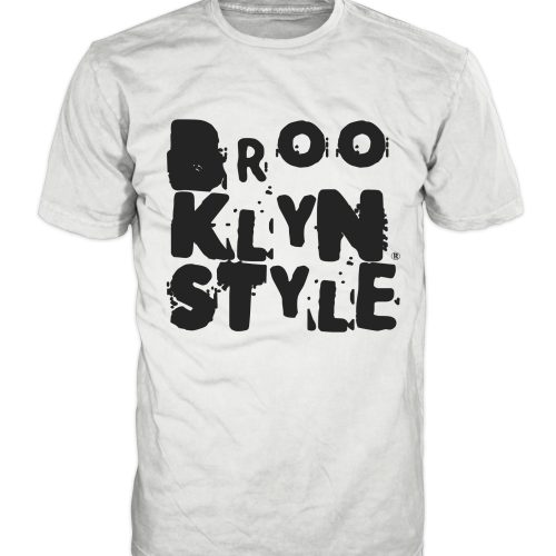 White Brooklyn Style T-shirt with blue logo and slogan “Oy Vey”