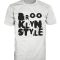 White Brooklyn Style T-shirt with blue logo and slogan “Oy Vey”