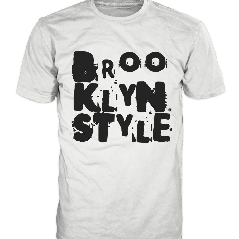 White Brooklyn Style T-shirt with blue logo and slogan “Oy Vey”
