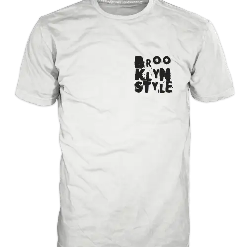 White Brooklyn Style T-shirt with small blue “Brooklyn Style” logo on the chest