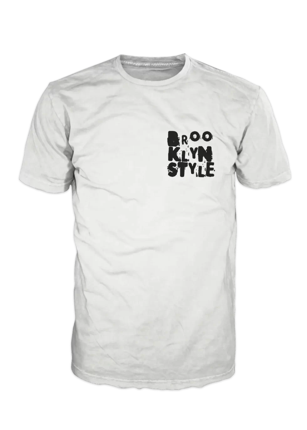 White Brooklyn Style T-shirt with small blue “Brooklyn Style” logo on the chest