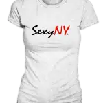 White SexyNY T-shirt with red and black SexyNY logo and slogan “Sexy New You”