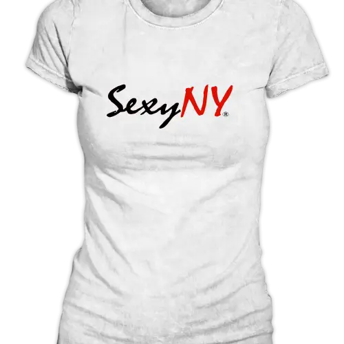 White SexyNY T-shirt with red and black SexyNY logo and slogan “Sexy New You”