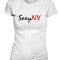 White SexyNY T-shirt with red and black SexyNY logo and slogan “Sexy New You”