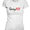 White SexyNY T-shirt with red and black SexyNY logo and slogan “Sexy New You”