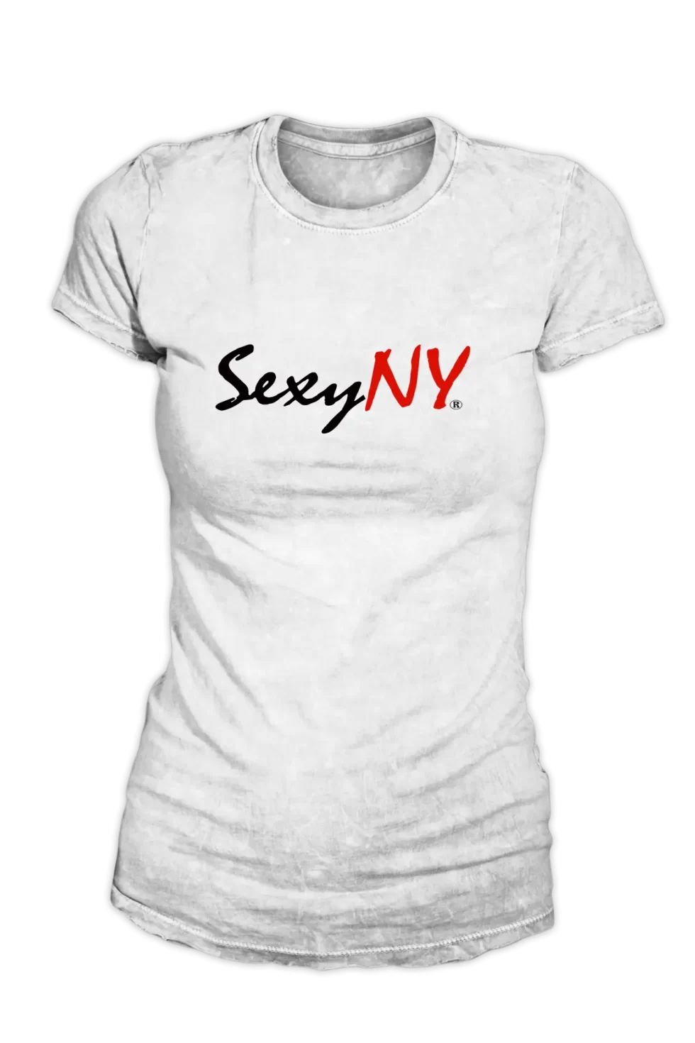 White SexyNY T-shirt with red and black SexyNY logo and slogan “Sexy New You”